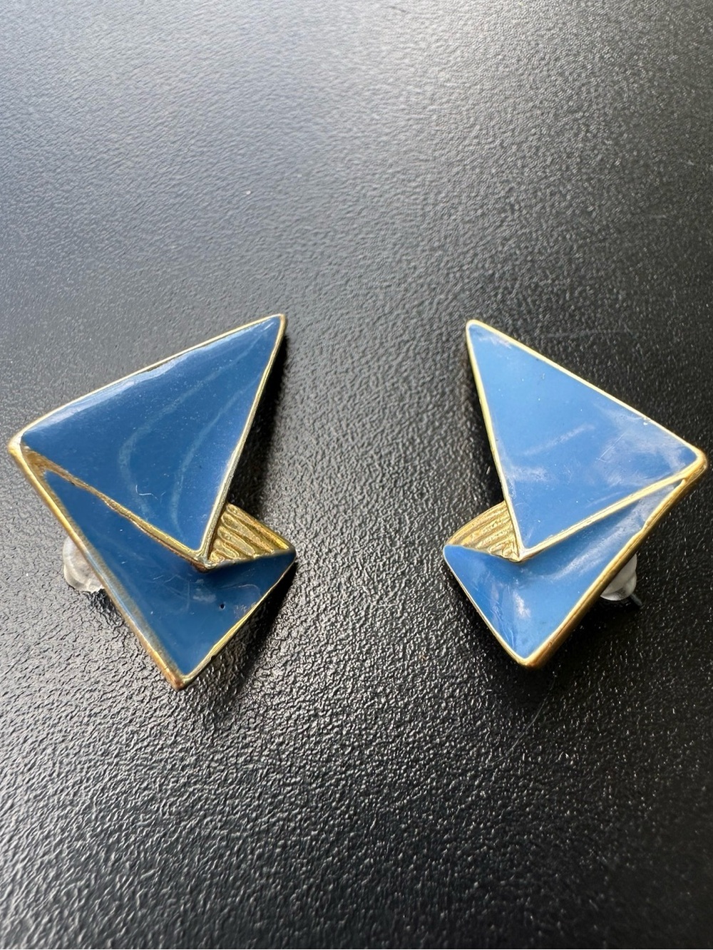 vintage blue enamel geometric clip-on earrings